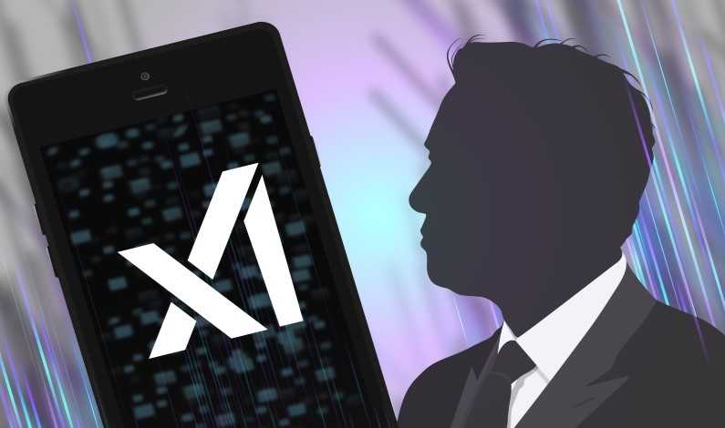 Logo-ul xAI pe telefon și silueta lui Elon Musk